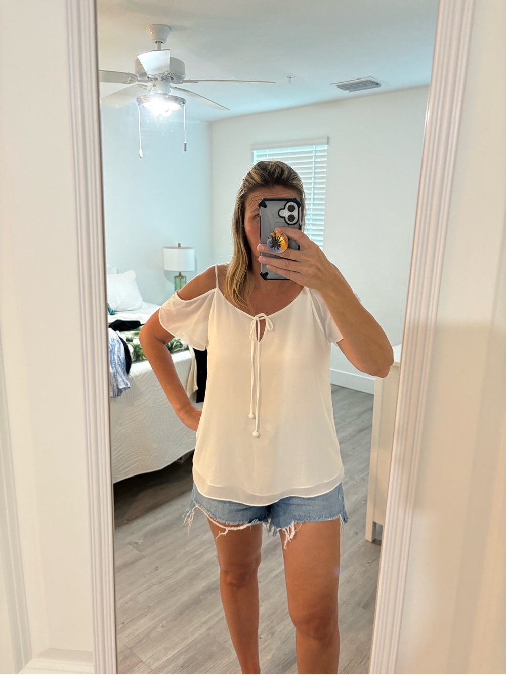 Naked Zebra White Cold-Shoulder Tie-Front Tunic Top